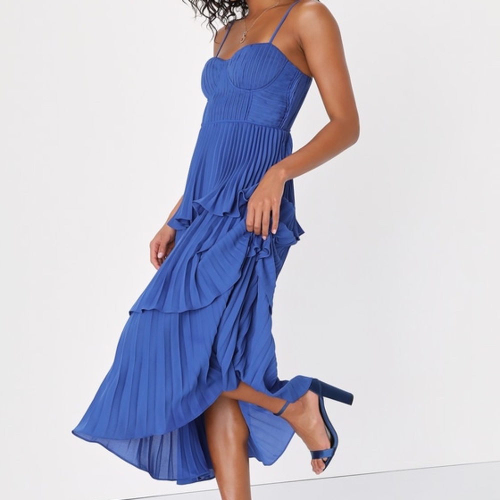 Lulus Cascading Crush Cobalt Blue Tiered Bustier Midi Dress - Size XS